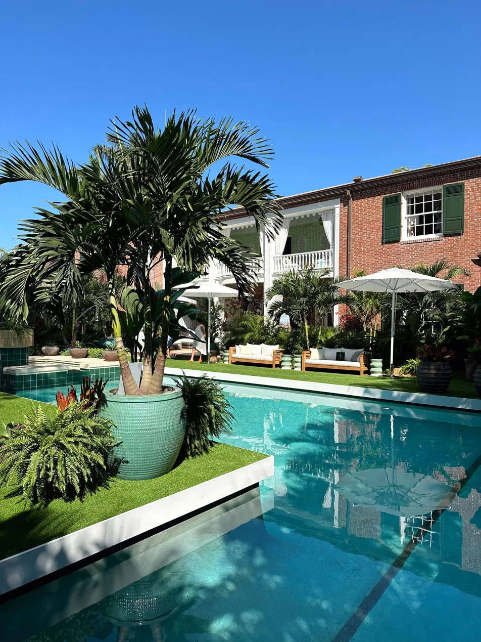 Luxury brick-house resort pool in daylight